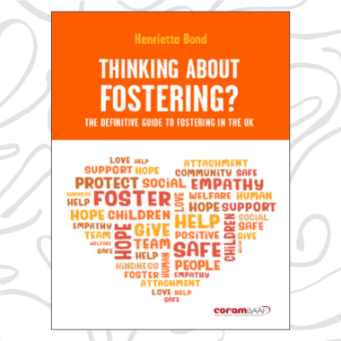 The book cover with an orange heading and a heart filled with relevant words 