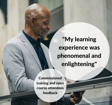 A black man in a silver blazer. Two circles with feedback in quotes.